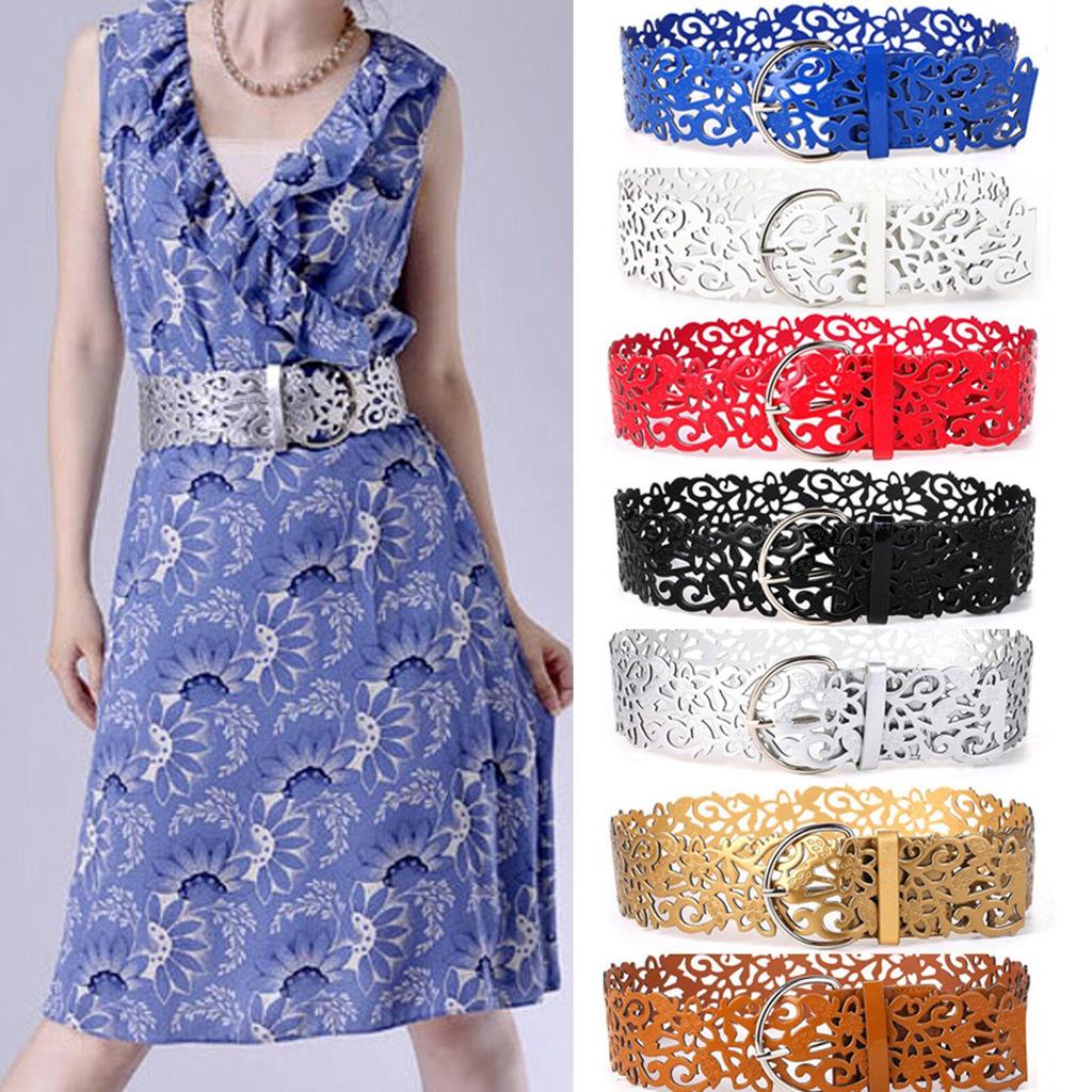 Women Hollow Out Belts Wide Buckle Cinch Waist Belt Dress Faux Leather Waistband