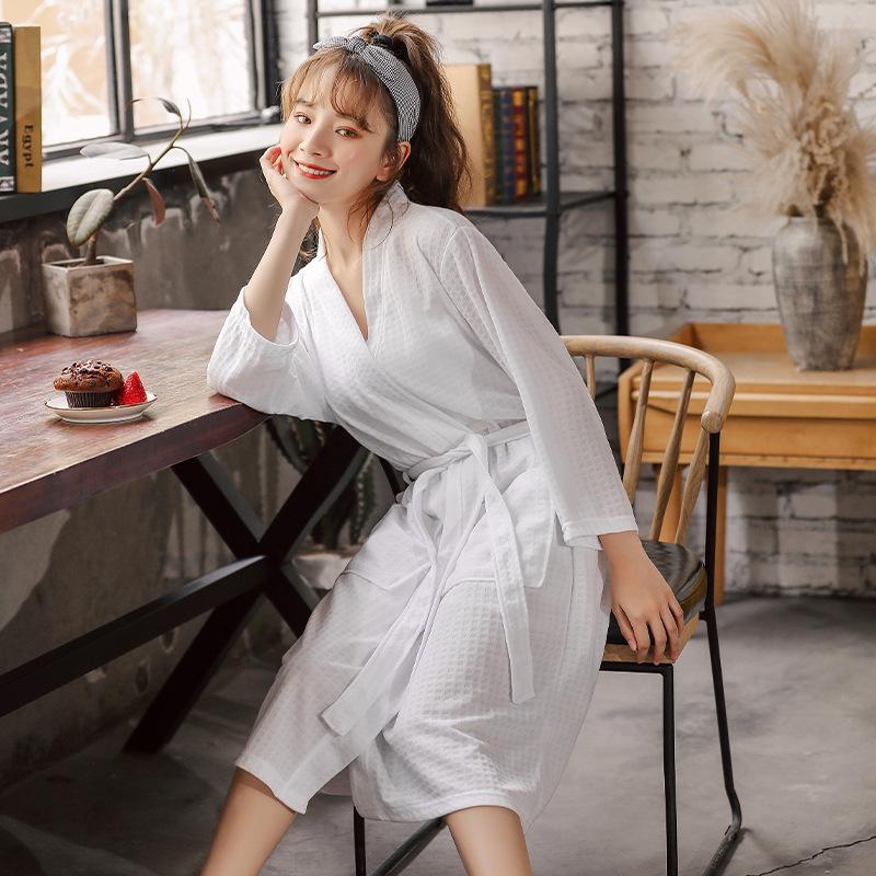 Korean Style Waffle Bathrobe: Lightweight, Breathable, Absorbent Women's Summer Pajamas for Sauna and Hot Spring.