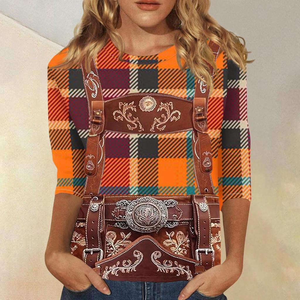 Women's Fashion Casual Three Quarter Sleeve Oktoberfest Print Round Neck Top Suitable for Seasonal Wear and Daily Casual Outfits