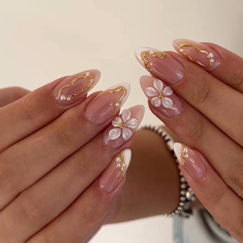 24PCS Simple White Cat Eye 3D Flowers Almond Press on Nails Golden Patterns French with Pearl Decor Fake Nails High-quality Nail