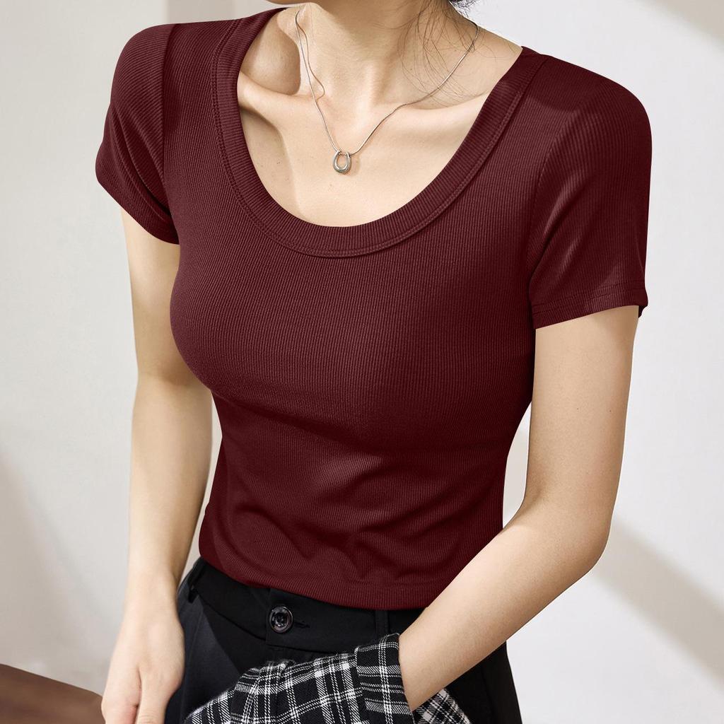 Women's Straight Shoulder Threaded T-Shirt: Slimming, Short Sleeve, Elegant New Summer 2025 Fashion Top, Perfect Underlayer.