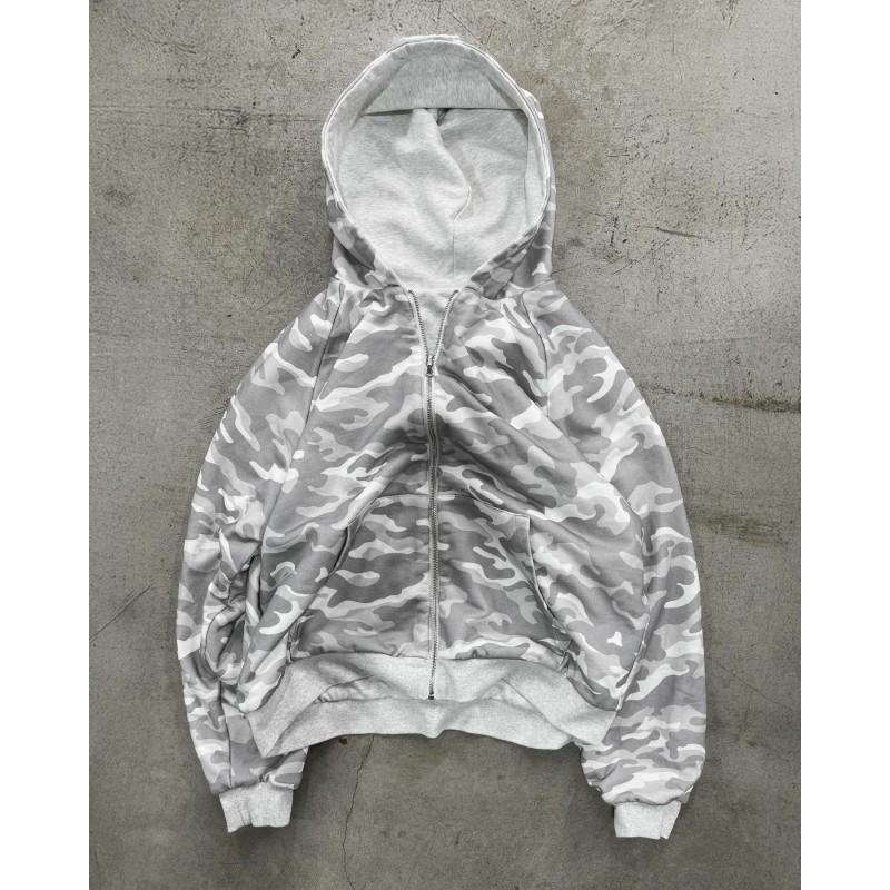Camouflage Patchwork Hooded Zip-Up Sweatshirt Unisex Streetwear Oversized Casual Pullover