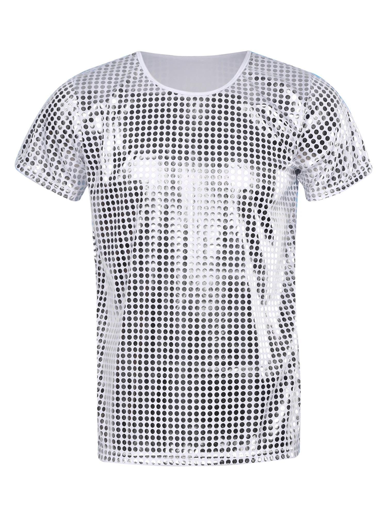 

Мужская блестящая танцевальная футболка с пайетками и круглым вырезом с коротким рукавом для выступлений, ночных клубов, фестивалей и вечеринок серебряный