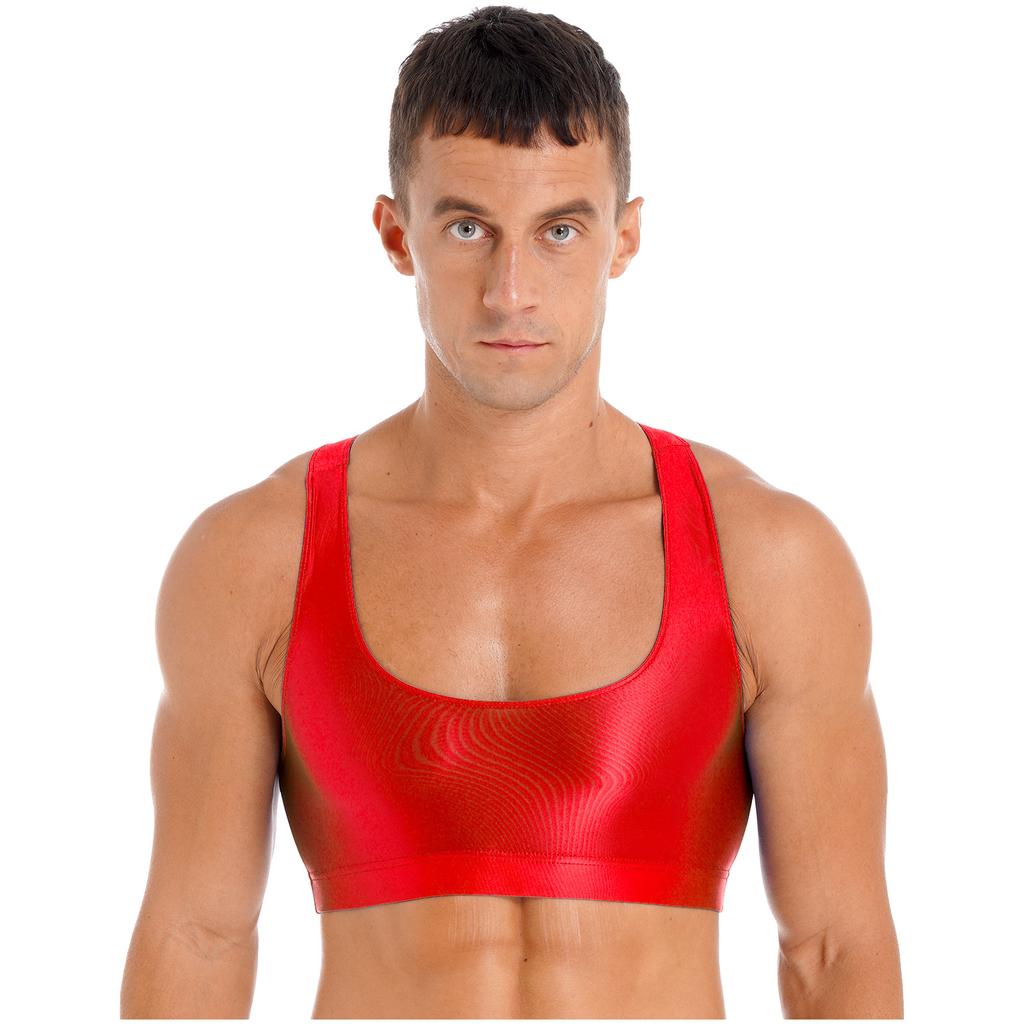 Canottiere da uomo lucide con scollo a U a tinta unita senza maniche crop top gilet per sport fitness yoga