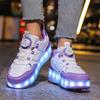 Kid's Rotating Button Wear Quick Four Wheel Running Shoes with Wheels Sports Shoes USB Charging LED Light Sports Shoes Girls Roller Skates