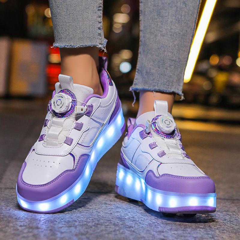 Kid's Rotating Button Wear Quick Four Wheel Running Shoes with Wheels Sports Shoes USB Charging LED Light Sports Shoes Girls Roller Skates