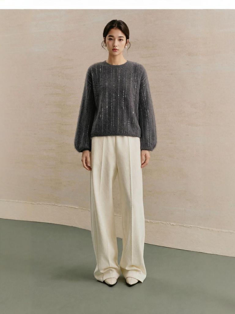 Women's Gray Sequin Stripe Round Neck Loose Knit Sweater - Autumn/Winter Style
