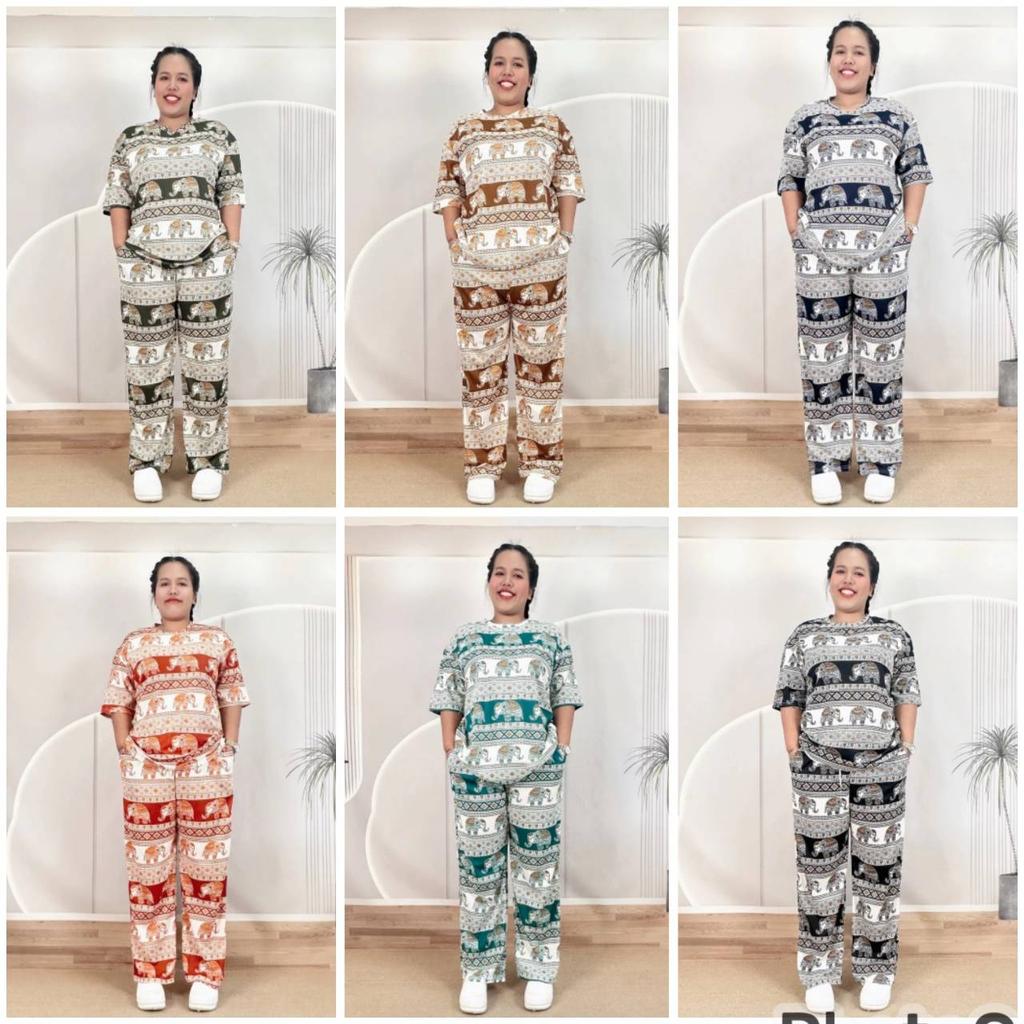 Słoniowe Spodnie Koszula Zestaw Okrągły Dekolt Krótki Top Krótki Rękaw Regulowany Elastyczny Pas Pasek Kobiety Nadruk Tajlandia Casualowy Bohemski Retro Vintage