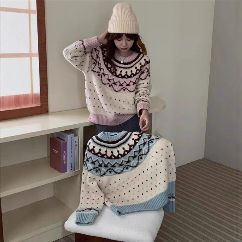 Vintage contrasting colors Jacquard Fair Island pullover sweater autumn and winter new soft waxy loose lazy crew neck knitted sweater top