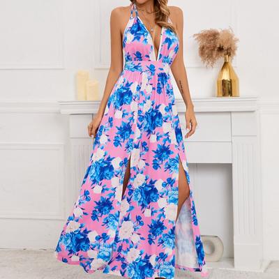Lässiges Neckholder-ärmelloses sexy Kleid Blaues V-Ausschnitt-Strandkleid mit Schnürung Sommerkleid mit Blumenmuster und langem Schlitz Damenbekleidung 25231