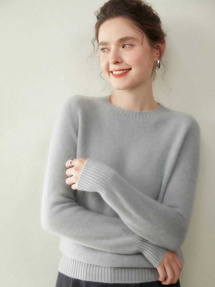 Damen Kaschmir Pullover mit Rundhalsausschnitt - Herbst/Winter Kollektion 2025, Sattelschulter, Verdickt, Uni-Farben, Lockere Passform, Figurschmeichelnde Strick-Basis.