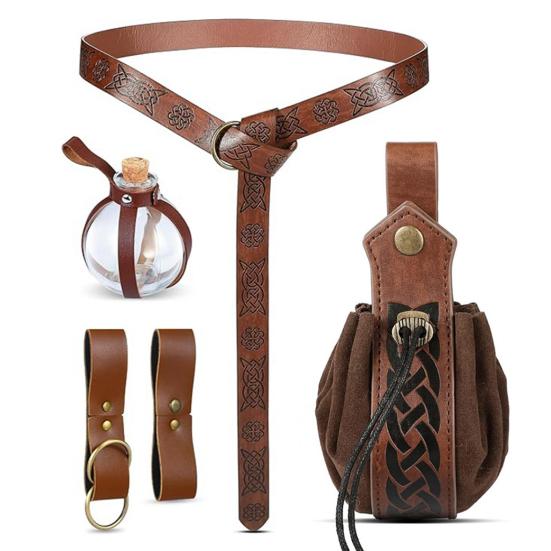 Renaissance Belt with Potion Bottles Adjustable Faux Leather Waist Bag Halloween Viking Costume Accessory