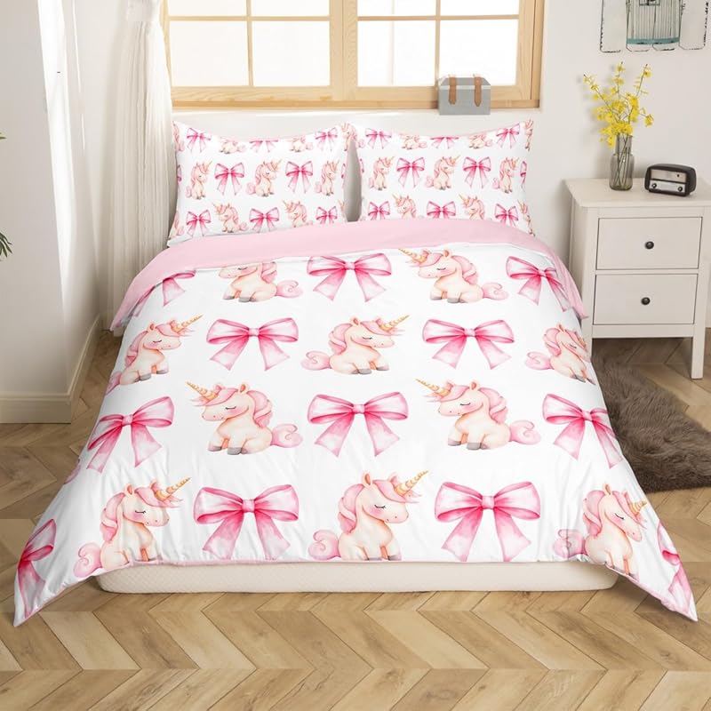 Cartoon pink bow princess bedding set, girls' bedroom decoration pink and white duvet cover, 2 pillowcases