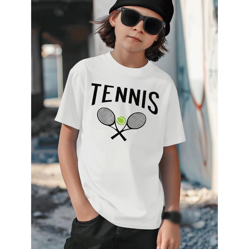 Boys Tennis Racket Green Ball Text Graphic Casual Sports T-Shirt