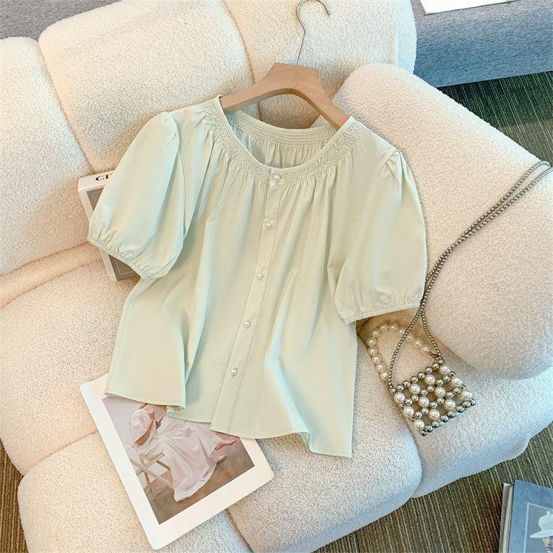 French Mint Bubble Round Neck Shirt - Summer 2026 Design, Short Sleeve, Loose Fit Top