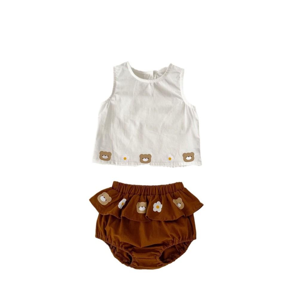 Adorable Baby Outfit Set With Bear Print Sleeveless Top And Ruffled Triangle Shorts For Boys And Girls Perfect For Summer Ages 1 To 3