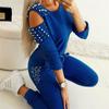 Trainingsanzug Damen Zweiteiliges Set Perlenverzierung Kalte Schulter Langarm Oberteil + Hose Jogginganzug Damen Lässige Loungewear Outfits