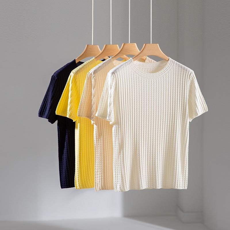 Tencel Acetate Waffle Knitted Short Sleeve Women's Crew Neck Loose Pullover Simple Top