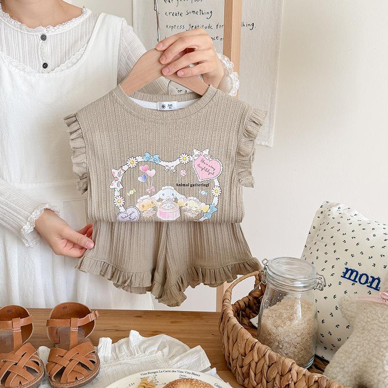 Girls Summer Cotton Cartoon Jacquard Short Sleeve Shorts Set Cute Princess Two Piece Outfit For Kids 90cm