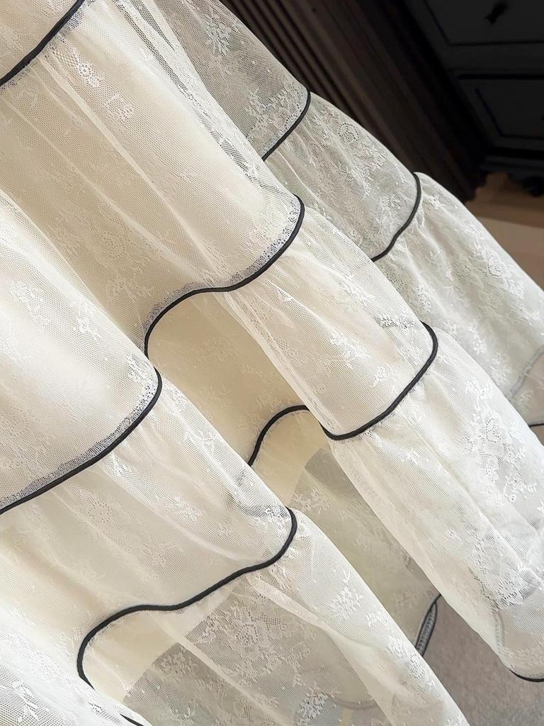 French Romantic Lace Pleated A-Line Skirt – Elegant Mid-Length Layered Cake Design for Spring/Autumn