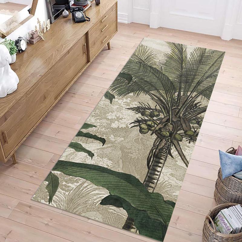 Retro Tropical Coconut Palm Banana Leaf Vintage Felt Runner Rug Non Slip Durable Boho Jungle Long Entry Runner Mat