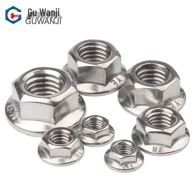 Porca Sextavada com Flange e Trava de Aço Inoxidável 304, 201 Zincada Branca, Antiderrapante, Antidesaperto, Norma Nacional, Design de Flor de Zinco Colorido.