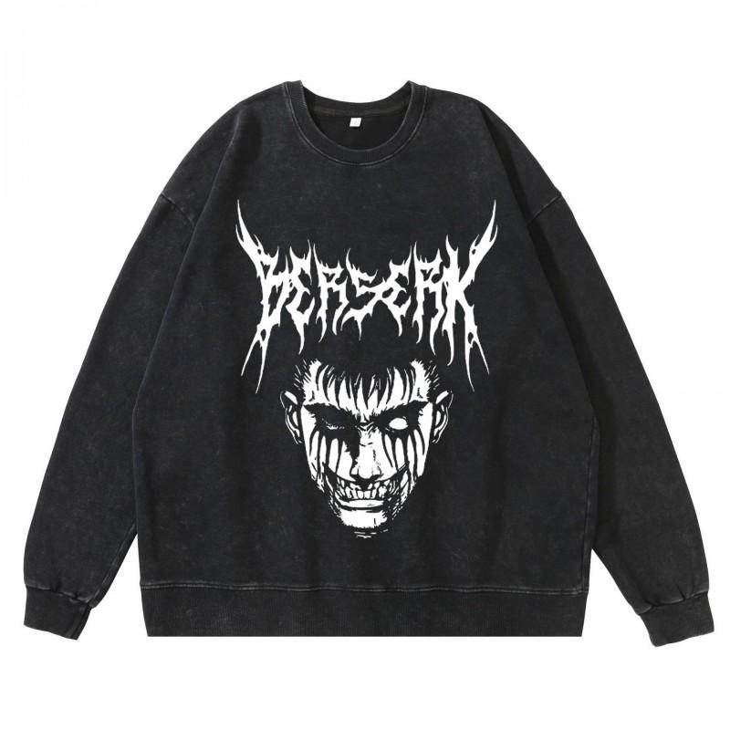 Schwergewicht 360g Gewaschener Vintage Berserk Anime Streetwear Baumwolle Pullover Hoodie Herren