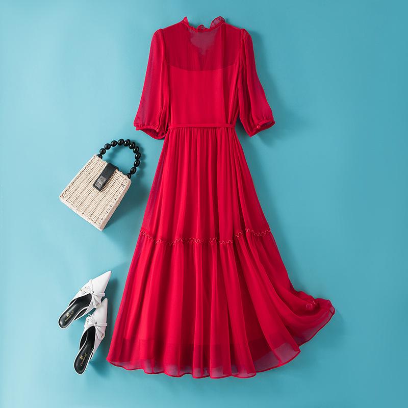 Lace-Up Waist Red Mulberry Silk Fairy Dress