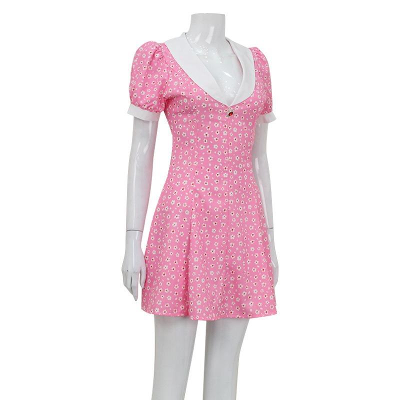 Spring and Summer Playful Cute Wind Thin Ruffled Skirt Big V-neck Chiffon  Green Flower Dress