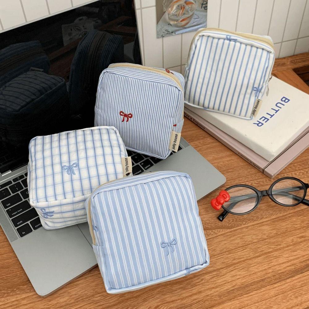 Striped Plaid Mini Makeup Bag Square Shape Embroidered Lipstick Storage Pouch Multi-functional Zipper Closure Cosmetic Bag