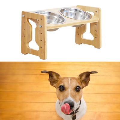 Ergonomiczna miska dla zwierząt domowych z wyjmowanymi miskami ze stali nierdzewnej 5 regulowana wysokość antypoślizgowa drewniana podstawa stacja do karmienia psa
