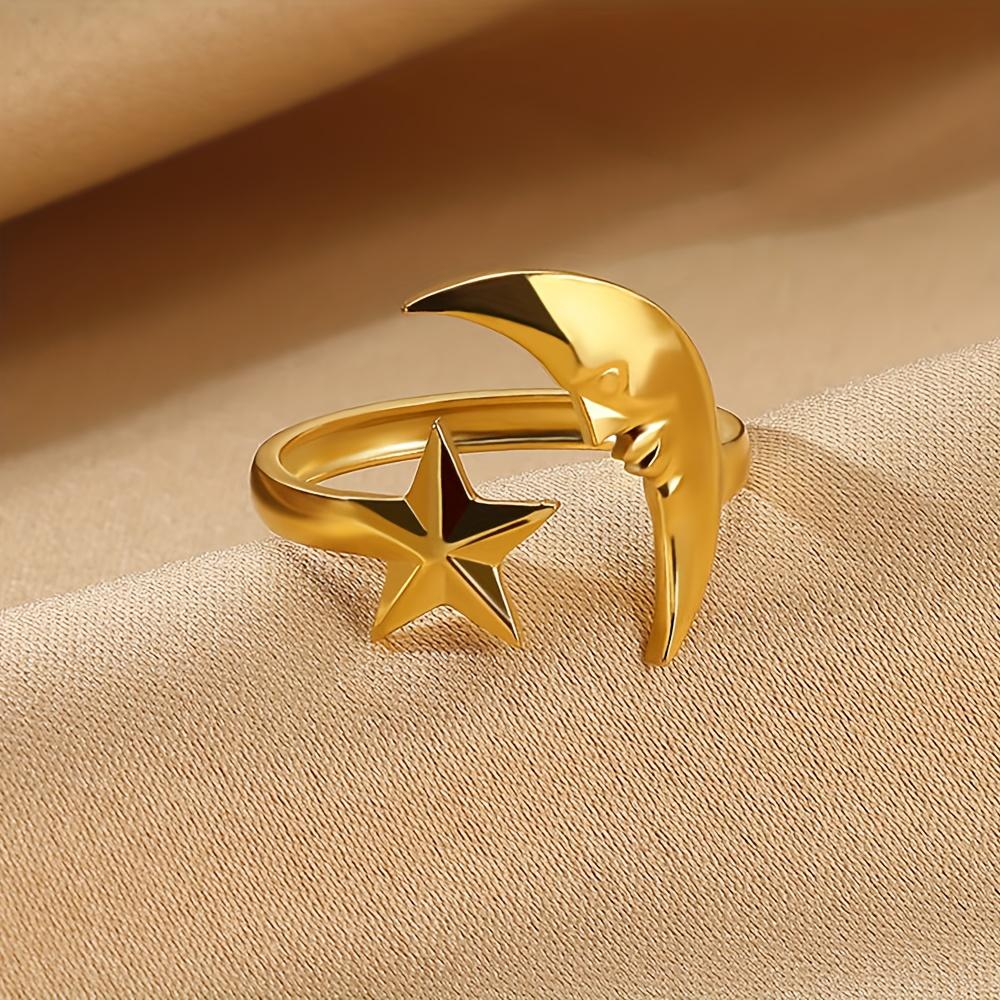 Gold Color Crescent Moon Face Star Open Ring For Women Stainless Steel Adjustable Rings Fashion Anillos Jewelry Elegant Gift