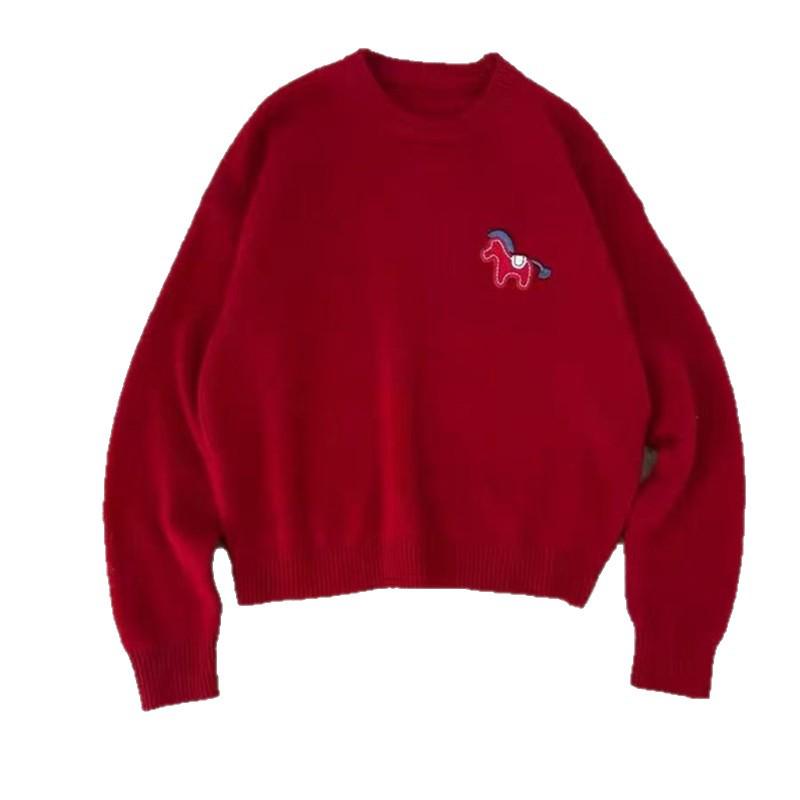Women's European Style Red Wool Sweater with Pony Hair - Autumn/Winter Knitwear