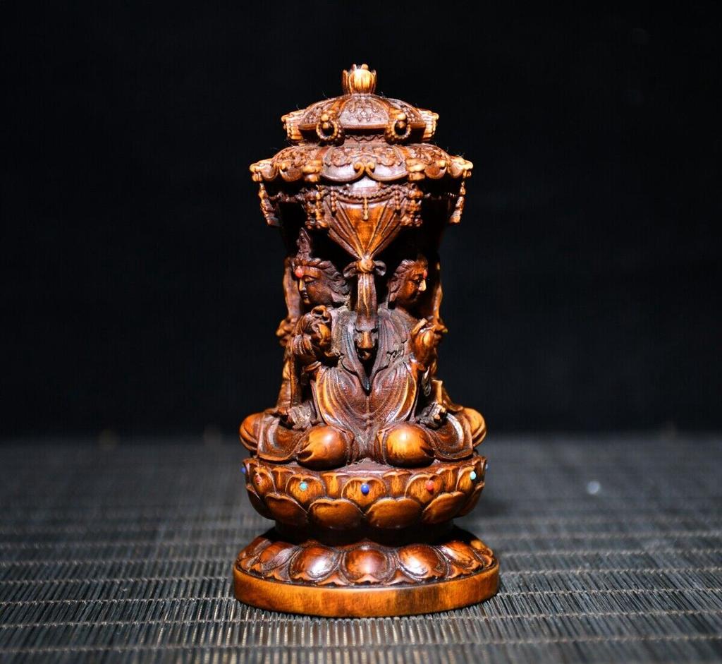 Small Antique Wood Carving Boxwood Wooden Sculpture Buddha Three Dharma Statue