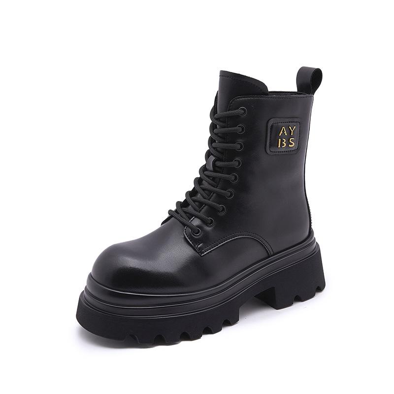 Retro leather Martin boots for women's 2025 winter new medium boots thick-soled velvet versatile British short boots for women