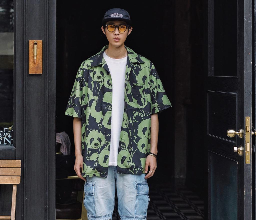 [CHANGE WELL] Men's 2023SS Fashion Summer Clothing [Panda Print] Open Collar All-Over Print Casual Loose Short Sleeve Aloha Shirt (Green, L)