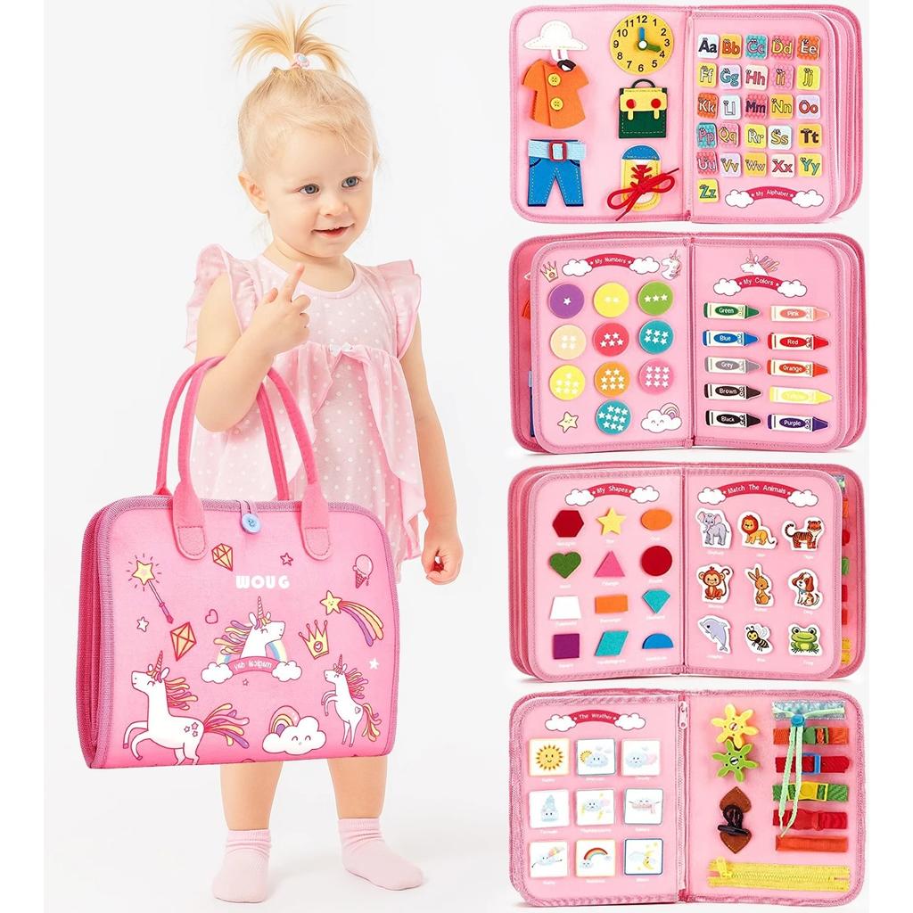 Reise-Beschäftigungsbrett für Kleinkinder, Montessori-Spielzeug für Jungen und Mädchen ab 2 Jahren, Vorschulkinder, lernen Lebenskompetenzen, Alphabet, Zahlen, Formen