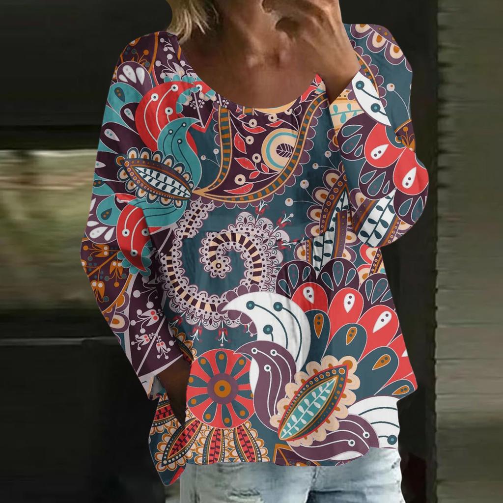 Damen Casual Mode Locker Rundhals Blumenmuster Langarm Oberteil