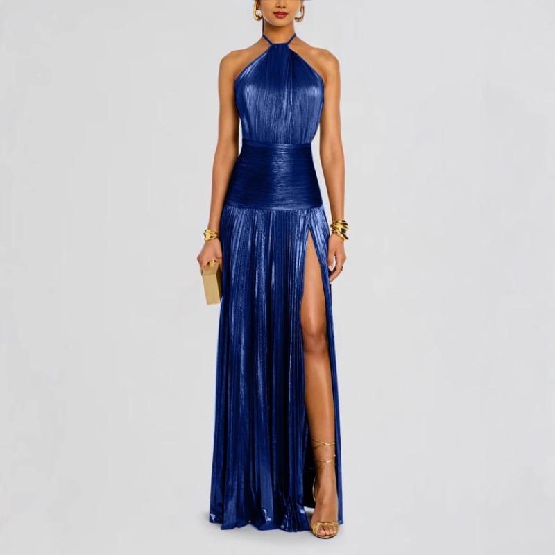 Stazione Indipendente Donna Vestito Pieghettato Colore Metallico con Spacco e Collo a Cravatta Senza Maniche Schiena Scoperta