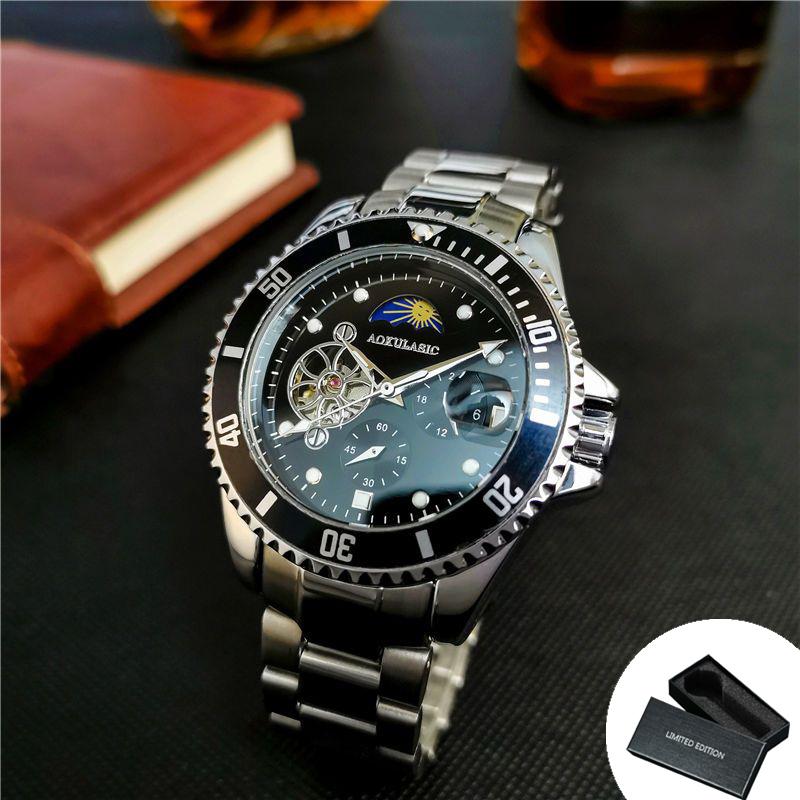 Luxury Moon Phase Skeleton Automatic Watch for Men Luminous Fashion Sports Tourbillon Mechanical Watches Stainless Steel Strap
