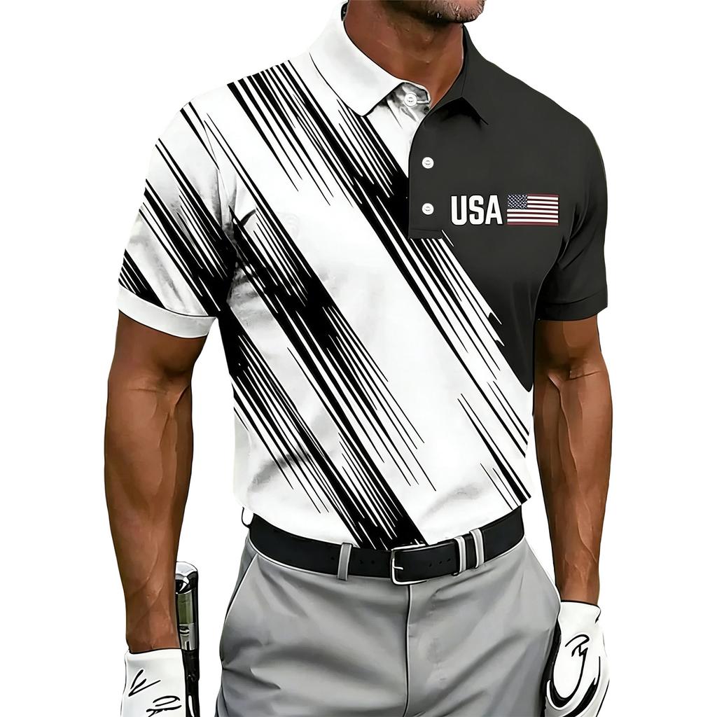 Men Golf Polo Shirt Short Sleeve Button Up Collared Top with USA Flag Print Casual Athletic Fit for Outdoor Sports
