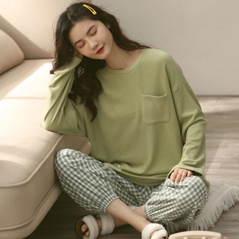 Casual Pajama Set Women's Enlarged Soft Long-sleeved T-shirt and Plaid Pants Comfortable Loungewear 2-piece Set Women's Enlarged Size 2-piece Set