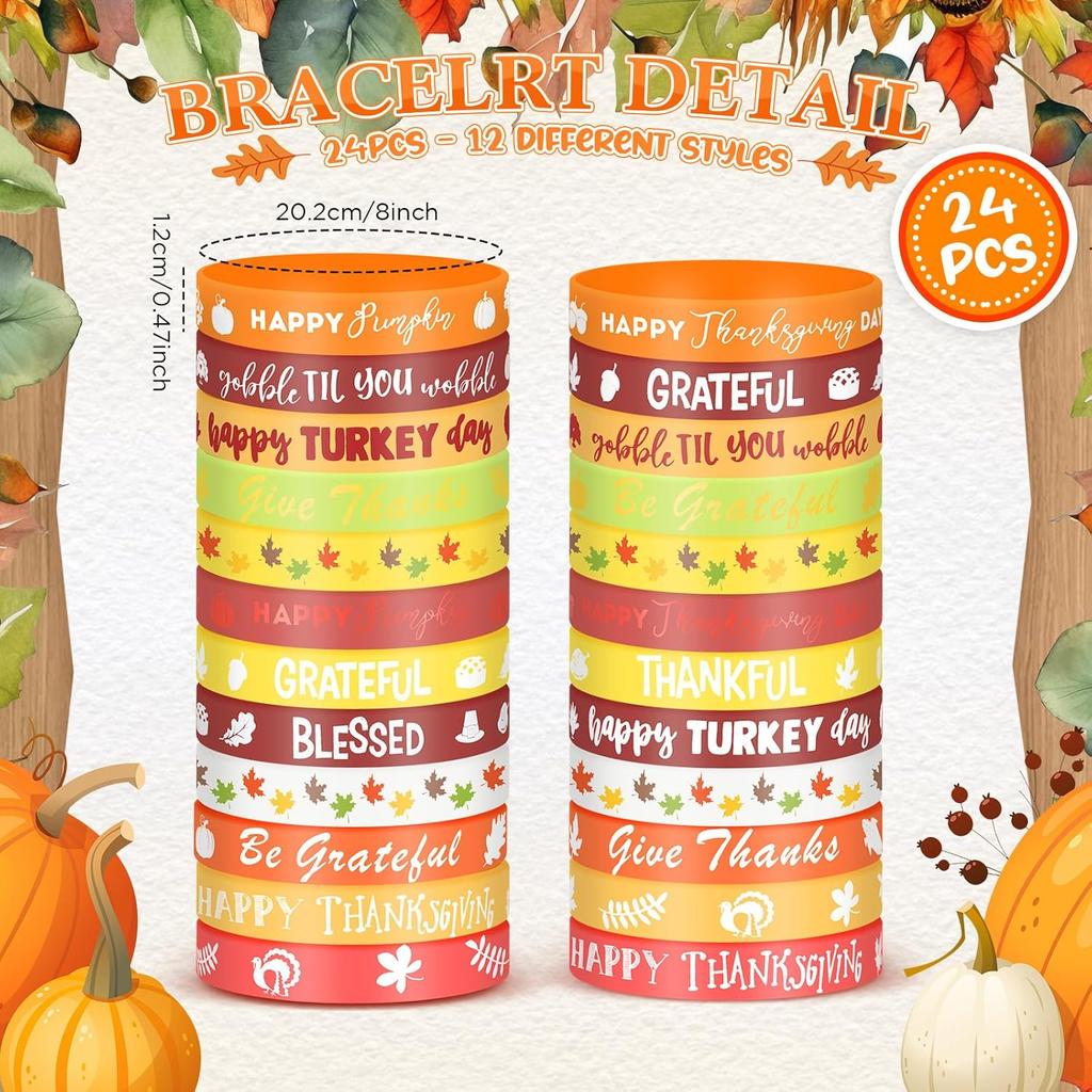 Sabary 48 Pcs Fall Pencils Thanksgiving Silicone Bracelets Set Thanksgiving Party Favors Maple Leaf Pencils Bulk Turkey Wristbands Pumpkin Bracelet