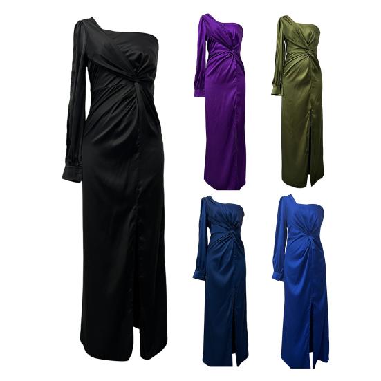 Vestido de noite feminino, um ombro, sem mangas, bainha dividida, cor sólida, cintura fina