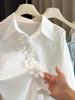 Elegant French 3D Floral Lapel White Shirt for Women - Spring Style, Loose Fit, Long Sleeve, Mid-Length Top