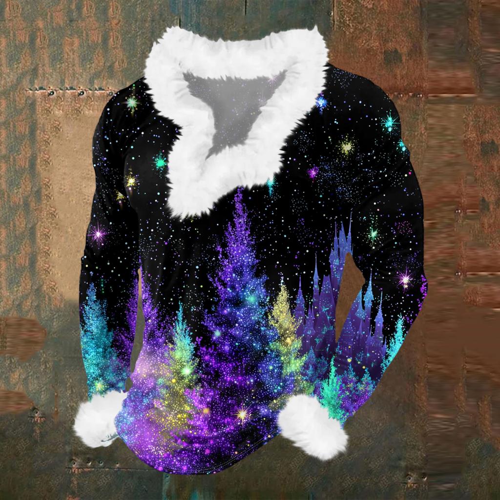 Herren Lässiges Weihnachten Bedrucktes Plüsch V-Ausschnitt und Fleece Langarm-Sweatshirt