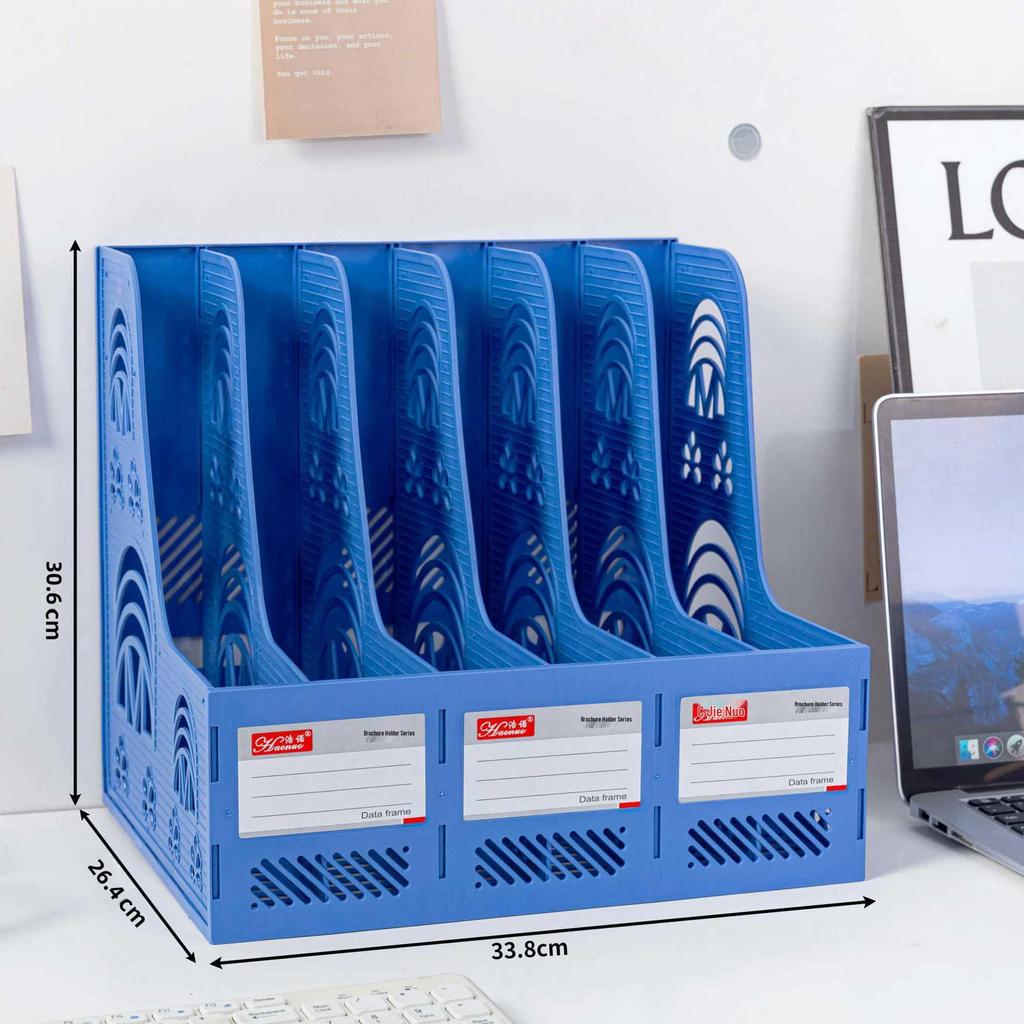 Six-Section Desktop File Organizer: Plastic File Rack & Pocket Holder with Logo Printing for Office Storage.