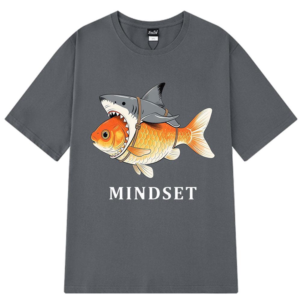 Mindset Goldfish Funny Shark Fin Harness Design T-Shirt Men Women Casual Vintage T Shirt Short-sleeved Harajuku Hip-hop T-shirts