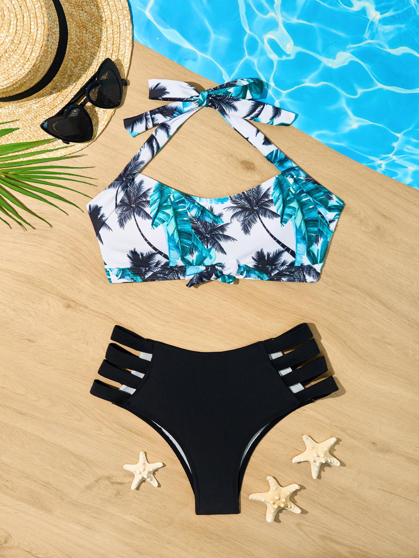 

Женский купальник бикини класса люкс с принтом листьев - Сексуальный купальник-двойка с высокой талией Extra Large чёрный