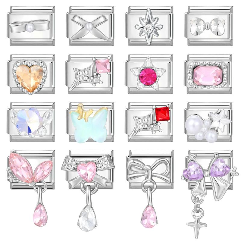 Y2K Romantic Heart Eyes Star Bow Knot Butterfly Zircon Charm Italian Links Fit 9mm Bracelet Stainless Steel Making DIY Jewelry